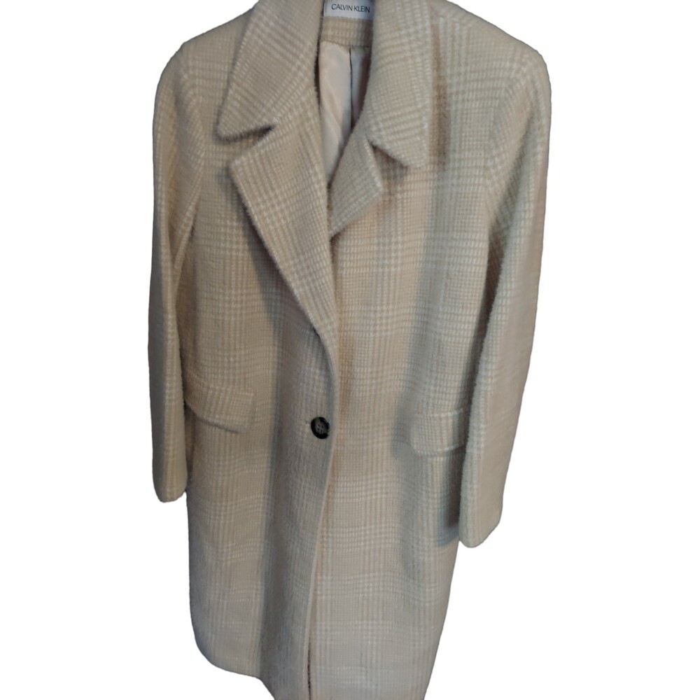 Calvin Klein Cream Plaid Wool Blend Coat - Women's